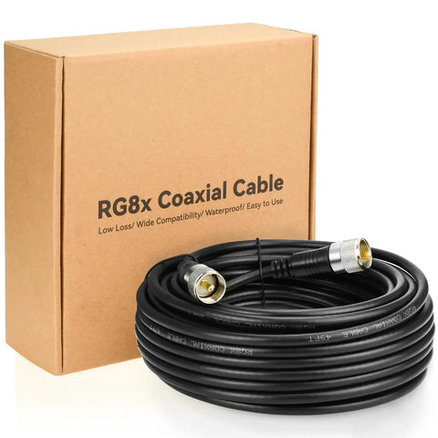 RG8X Coaxial Cable 50ft Low Loss CB Antenna Cable with UHF PL259 Male to Male Connectors and box packaging