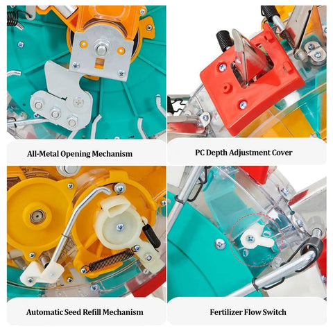 Close-up of Eight Outlet Hand Push Seed Drill And Fertilizer Spreader with mechanisms and switches for precise planting and spreading.