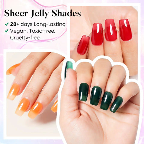 Transparent Icy Jelly Gel Nail Polish Kit With Soak Off UV LED Hema Free Vegan Cruelty Free Long Lasting 28 Days Glam Shine 6 Color