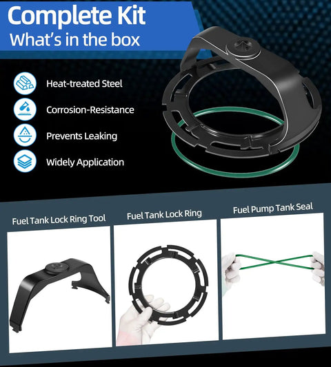 Go-To Fuel Tank Seal And Lock Ring Tool Kit For GM Chevy Ford Chrysler Dodge Jeep Vehicles with components displayed