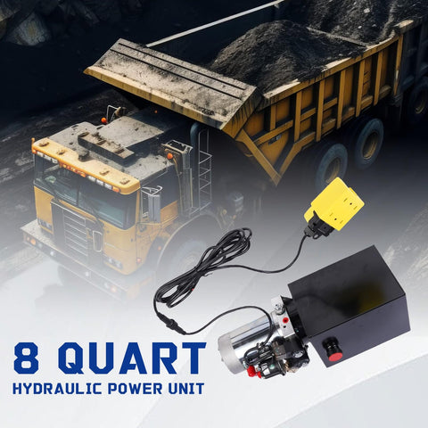 8 Quart Hydraulic Power Unit With 12V DC Electric Pump Double Acting Pump Max 3200 PSI Built For Real Heavy Lifting On Dump Trailers This Workhorse Lifts 3 To 5 Tons Durable Metal Tank