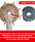 High Flow 1 Inch Water Softener Motor And Cam Gears Kit assembly view with cam gear labeled 7283489 and valve components.