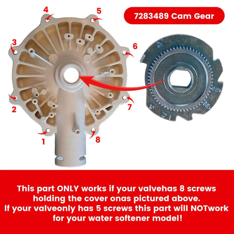 High Flow 1 Inch Water Softener Motor And Cam Gears Kit assembly view with cam gear labeled 7283489 and valve components.
