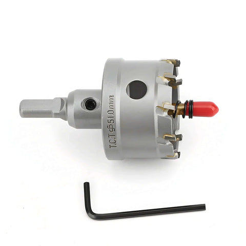 2'' TCT hole saw kit with tungsten carbide teeth and titanium-plated pilot bit; side view, hex key included