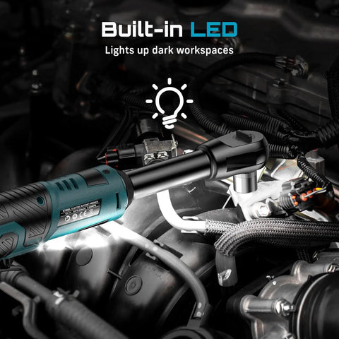 Extended Cordless Electric Ratchet Wrench With Six Inch Long Neck Three Eighth Inch Drive, built-in LED in engine bay
