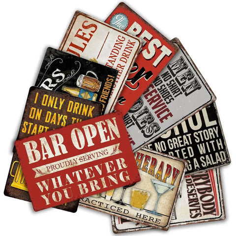 Kickback Ready Vintage Bar Tin Signs Set Of Nine For Home Bar Decor And Man Cave Wall Art 8X12 Inch Metal Plaques Easy Mount display of various vintage signage