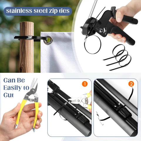 Beefy Heavy Duty Metal Zip Tie Gun Set With Stainless Steel Tool, 150 Black Metal Cable Ties, Outdoor Fastening Kit