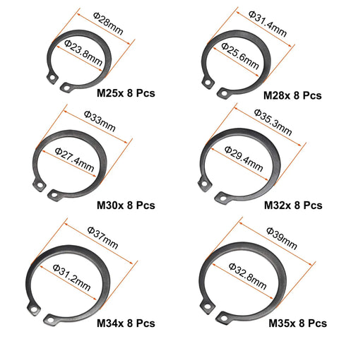 External Retaining Ring Kit 88 Pcs 11 Sizes Carbon Steel Snap Ring Assortment with dimensions 25mm to 47mm visible
