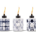 Tie Dye Glass Tabletop Torches 3 Pack For Outdoor Patio, Backyard And Garden Lighting, Portable Citronella Table Torches In Blue, 5.75 Inch, Fiberglass Wicks With Metal Snuffer For Easy Flame Control displayed in different patterns.