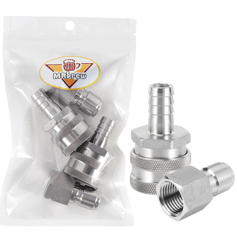 Two Pack Quick Disconnects For Homebrewing 304 Stainless Steel One Half Inch Male FPT To Barb Female Connectors in package