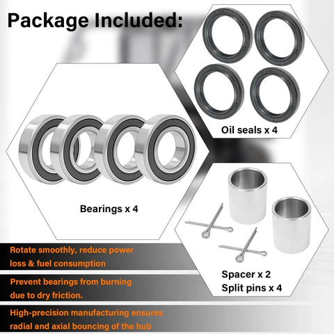 Front Axle Wheel Bearings And Seal Kit For Mule 2510 3000 3010 4000 4010 with spacers, seals, and pins displayed