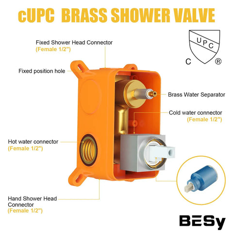 Diagram of cUPC brass shower valve with connectors for fixed shower head, hand shower, and water separator.