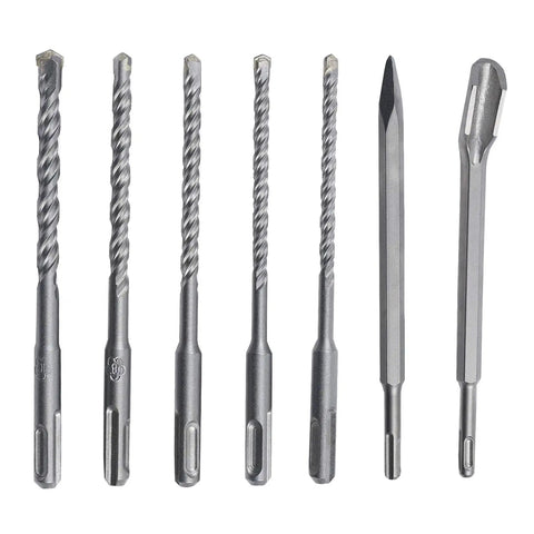 Close-up of drill bits and chisels from the 17 Piece Hammer Drill Bits And Chisels Set With SDS Plus Shank on white background.