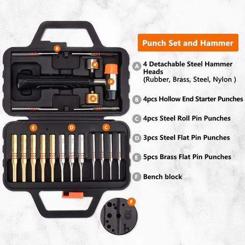 Pro Grade Punch Set With Brass Punches, Steel Pin And Roll Pin Punches, Bench Block, Hammer With Detachable Heads in case