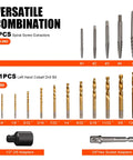 42 Piece Bolt Extractor Kit With Left Hand Cobalt Drill Bits showing spiral screw extractors, drill bits, and adapters.