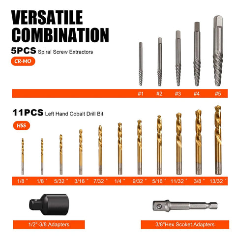 42 Piece Bolt Extractor Kit With Left Hand Cobalt Drill Bits showing spiral screw extractors, drill bits, and adapters.
