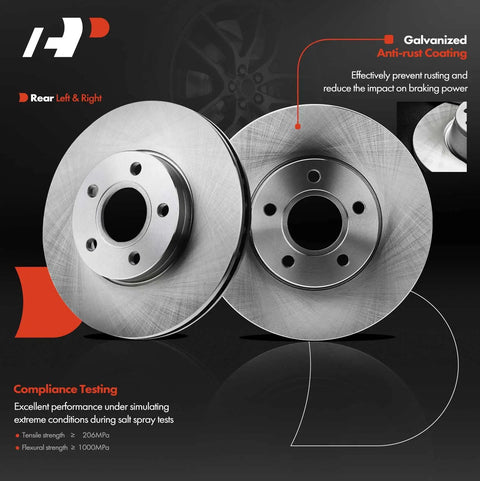 10.94 Inch Front Vented Disc Brake Rotors With Ceramic Pads Kit For Ford Focus 2012 to 2018 And Volvo C30 2012 to 2013 S40 2004 to 2011 6 Piece Set Includes High Performance Ceramic Pads For Quiet Braking And Smooth Daily Stopping, showing rear view of pair of vented disc rotors