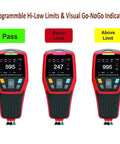 Must-Have Paint Thickness Gauge For Cars With Auto Rotating Display And Ferrous And Non Ferrous Substrate Recognition, 1250 Micron Range And 0.1 Micron Resolution, Zero And Two Point Calibration, Custom High Low Alarms showing pass and limit alerts