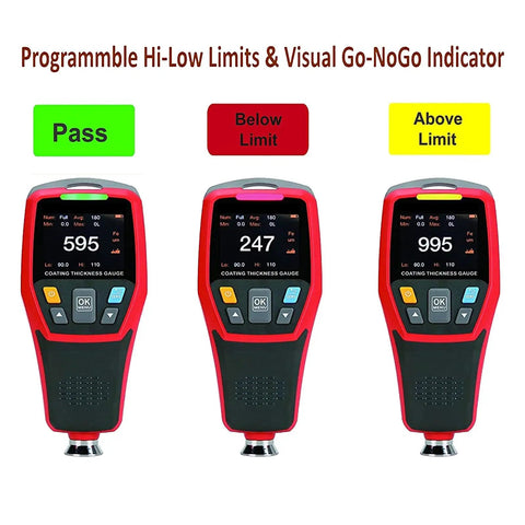 Must-Have Paint Thickness Gauge For Cars With Auto Rotating Display And Ferrous And Non Ferrous Substrate Recognition, 1250 Micron Range And 0.1 Micron Resolution, Zero And Two Point Calibration, Custom High Low Alarms showing pass and limit alerts