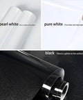 Various rolls of Peel And Stick White Glitter Wallpaper Self Adhesive Removable Water Resistant Cover For Countertops Cabinets And Furniture Easy Install No Residue Kitchen Vinyl Film shown in pearl white, pure white, and black with glitter.