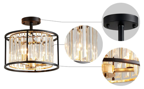 Crystal Semi Flush Mount Ceiling Light Fixture With 3 Light Modern Farmhouse LED Drum Crystal Lamp E12 Base D13 X H15 Gold Matte Black Finish Metal Frame Dope Shine For Living Room