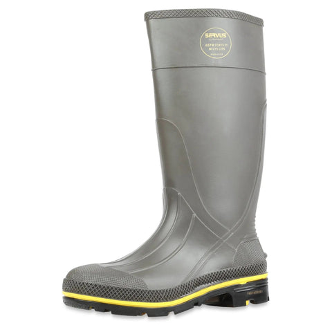 15 Inch PVC Chemical Resistant Steel Toe Work Boots For Men, Waterproof Seamless Design With Triple Density Technology, Foot Form Contour Cushion Insole For All Day Comfort, Arch And Heel Support, Removable And Washable, Gray Yellow Black