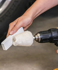 Aluminum Polishing Buffing Kit For Cars And Motorcycles 14 Piece Drill Buff Attachments in use with a yellow drill