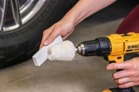 Aluminum Polishing Buffing Kit For Cars And Motorcycles 14 Piece Drill Buff Attachments in use with a yellow drill