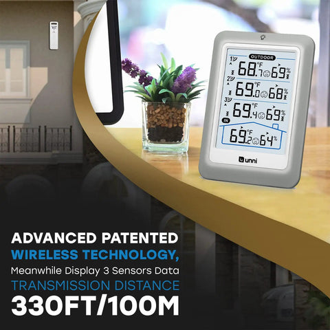 Wireless Indoor Outdoor Thermometer With 4.5 Inch Backlit Display Digital Hygrometer And Temperature Humidity Monitor Seriously Accurate Sensor With 330 Ft Range for indoor and outdoor readings displayed on a stand.