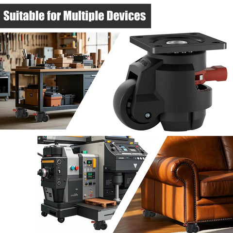 Set of 4 Heavy Duty Leveling Casters with Rock Solid Nylon Wheels and Thickened Steel Base shown on machinery, workbench and furniture.