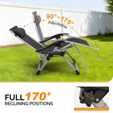 Zero Gravity Lounge Chair With Removable Thick Cushion And Tray, folding recliner showing adjustable backrest on lawn