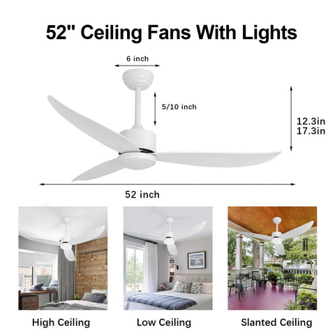 52 Inch Ceiling Fan With Lights Remote Control Easy Peasy Dimmable LED Quiet DC Motor in various room settings