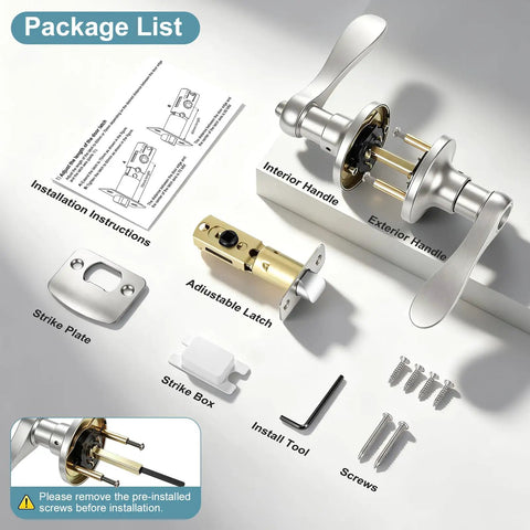 Package contents of Eight Pack Wave Style Privacy Door Handles And Knobs With Keyless Reversible Lockset in brushed nickel.