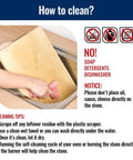 Guidelines for cleaning a pizza stone with no soap, showing a hand washing the stone under water.