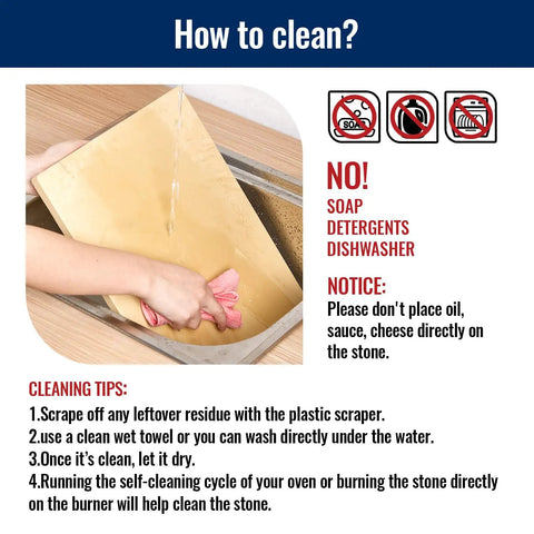 Guidelines for cleaning a pizza stone with no soap, showing a hand washing the stone under water.