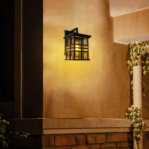 Weatherproof Outdoor Wall Sconce Lantern, 1 Light Black Exterior Fixture With Seeded Glass, Anti Rust Aluminum, night view.