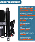 DC 12V hydraulic electric linear actuator, 8-inch stroke, black metal with mounting bracket and wiring