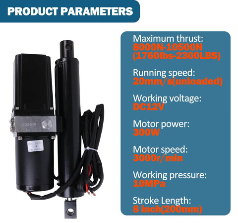 DC 12V hydraulic electric linear actuator, 8-inch stroke, black metal with mounting bracket and wiring