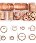 Top Notch Flat Copper Washers 150Pc Assortment Heat Resistant Oil Seal Gaskets For Auto Sump Plugs M6 M8 M10 M12 M14 M16 M18 Fits Cars With Organizer Box Keeps Engines Tight Dry Preventing Costly Breakdowns Works Great For Any Driver Fixing Ride, copper washers in organizer box with size chart