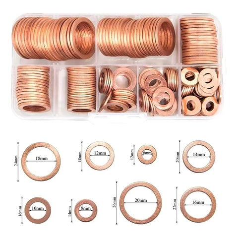 Top Notch Flat Copper Washers 150Pc Assortment Heat Resistant Oil Seal Gaskets For Auto Sump Plugs M6 M8 M10 M12 M14 M16 M18 Fits Cars With Organizer Box Keeps Engines Tight Dry Preventing Costly Breakdowns Works Great For Any Driver Fixing Ride, copper washers in organizer box with size chart