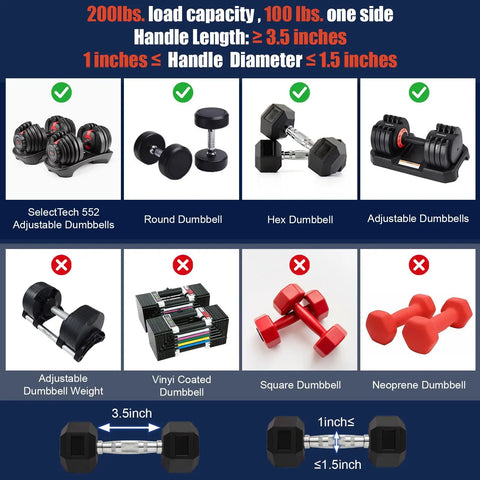 Image showing compatible dumbbells for Turn Your Dumbbells Into A Full On Barbell With This EZ Curl Bar Adapter 200Lb Capacity Adjustable Weight Bar For Home Gym Fits Standard 1 To 1 And A Half Inch Dumbbell Handles Great For Biceps And Triceps Workouts.