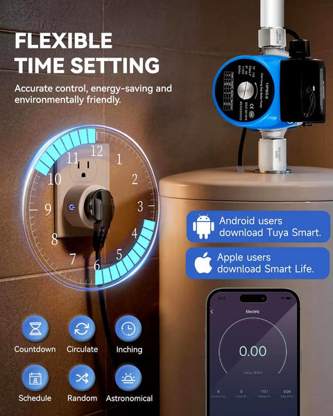 Instant Hot Water Recirculating Pump Kit With 304 Stainless Steel Bypass Valve And 20 Inch Pex Supply Lines For Tank Heaters Featuring Smart Plug, showing flexible time setting.