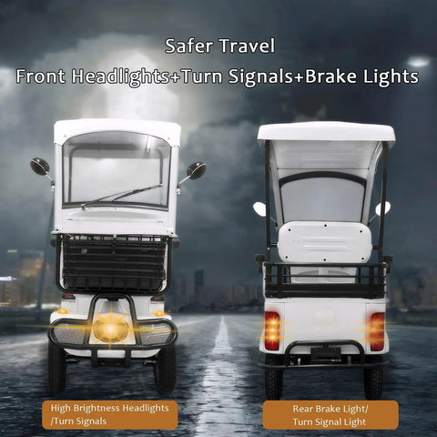 Badass Four Wheel Electric Mobility Scooter With Spacious Cargo Bin For Adults And Seniors showcasing front headlights and turn signals.