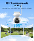 Wireless Altas PT Ultra 4K Outdoor Security Camera with auto tracking and 360-degree pan tilt, displaying coverage range over a yard.