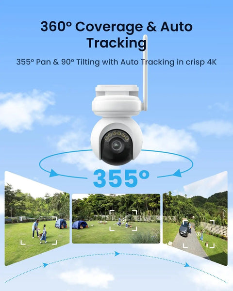 Wireless Altas PT Ultra 4K Outdoor Security Camera with auto tracking and 360-degree pan tilt, displaying coverage range over a yard.