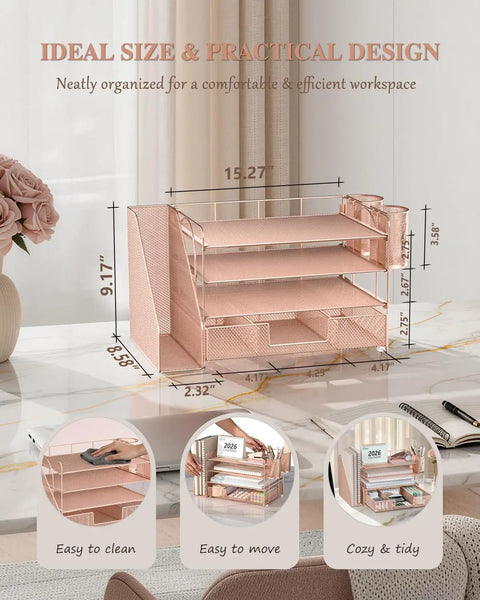Rose Gold 4 Tier Desk File Organizer With 4 Letter Trays Vertical File Holder Sliding Drawer And 2 Pen Holders dimensions