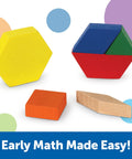 Wooden Pattern Blocks Set For Kids And Classrooms, featuring colorful geometric shapes for early math learning and tangram activities.