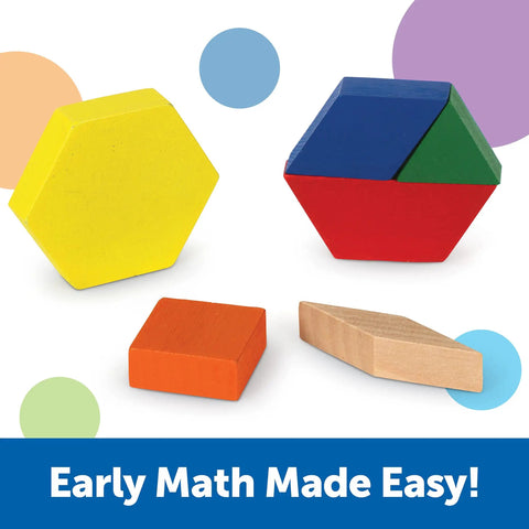 Wooden Pattern Blocks Set For Kids And Classrooms, featuring colorful geometric shapes for early math learning and tangram activities.