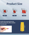 Product size comparison for All In One Auto Fuse Kit With 180 Pcs Blade Fuses And Puller including micro, mini, standard fuses.