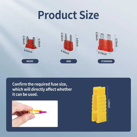 Product size comparison for All In One Auto Fuse Kit With 180 Pcs Blade Fuses And Puller including micro, mini, standard fuses.